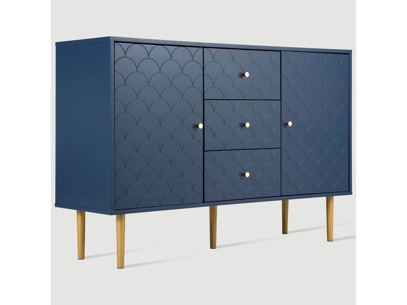  Buffet bleu marine commode 3 tiroirs 2 portes, meuble de rangement pour salon, 120cm, sans matelas.  - Conforama A