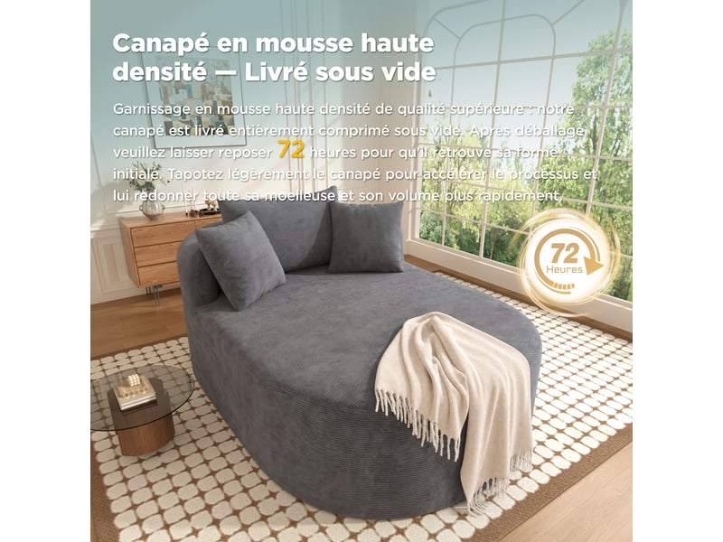  Fauteuil relax velours côtelé, fauteuil 1 place gris foncé avec assise profonde, design ovale moderne pour salon et chambre.  - Conforama D