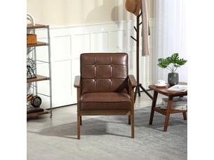 Fauteuil de salon, fauteuil de chambre en cuir synthétique, dossier capitonné, 64x73x81cm, pieds en bois massif, marron