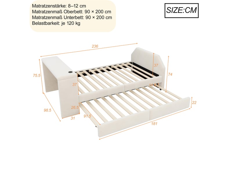 Lit enfant gigogne rembourré 90x200 cm beige avec bureau intégré, usb et couchage d’appoint Fay Lum - Conforama C