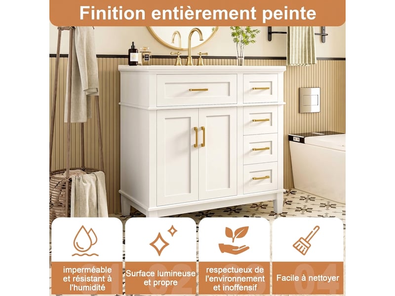 Meuble de salle de bain 90 cm avec vasque en céramique blanc et or - Conforama C