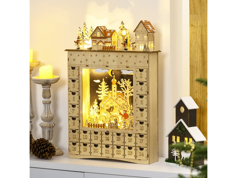  Calendrier de l'avent led en forme de village enneigé avec 24 tiroirs décoration lumineuse de noël beige  - Conforama C