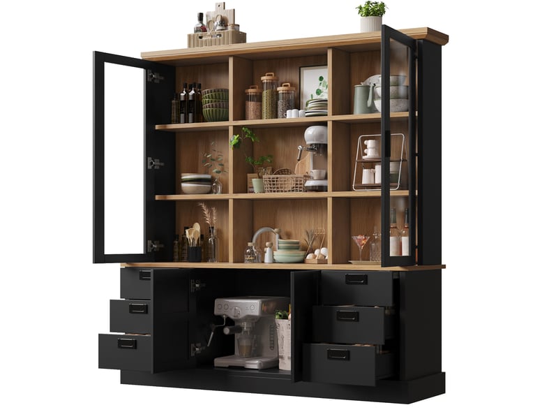 Buffet de cuisine avec 6 tiroirs et portes vitrées, anti-basculement, pour cuisine, salle à manger, 140 × 40 × 185 cm - Conforama A