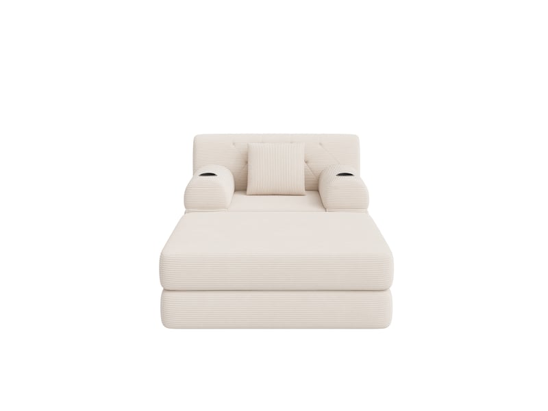 Canapé convertible 1 place en cord beige avec pouf, dossier haut, 4 poches et 2 porte-gobelets, sans montage  - Conforama D