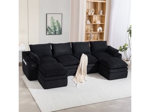 Canapé modulable 4 places en velours côtelé avec 2 poufs, canapé d’angle combinable, coussins, 2 poches latérales, mousse 3 couches, ressorts, noir