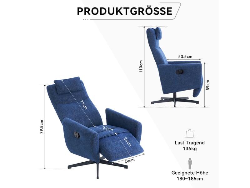  Fauteuil inclinable avec fonction relax - avec repose-pieds - fauteuil d'allaitement pivotant et fauteuil lounge - chenille bleu  - Conforama E