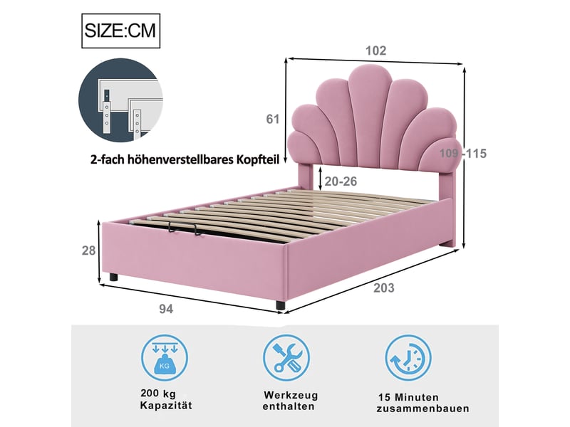  Lit coffre enfant 90 × 200 cm 1 place avec rangement hydraulique et tête de lit réglable, sans matelas, rose  - Conforama D