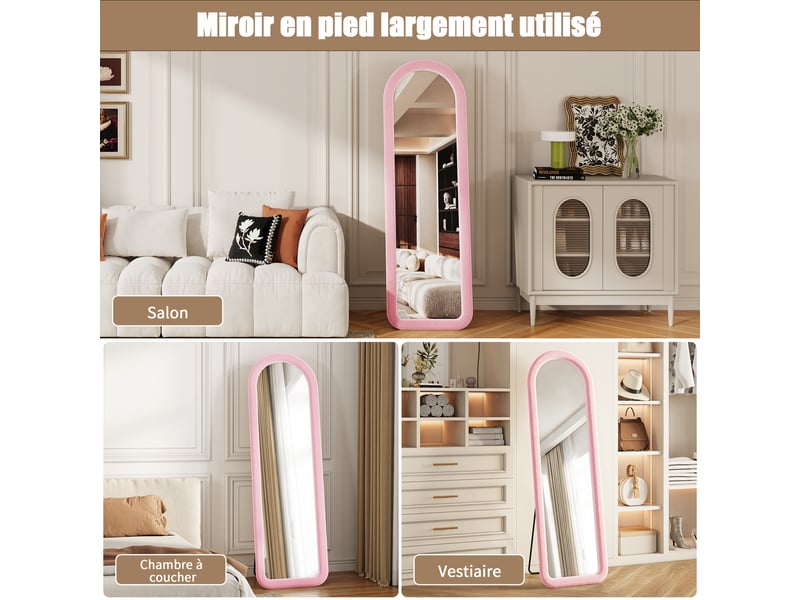  Miroir sur pied 160x50 cm rose,miroir décoratif ,grand miroir mural avec cadre en flanelle,verre trempé,arqué  - Conforama R