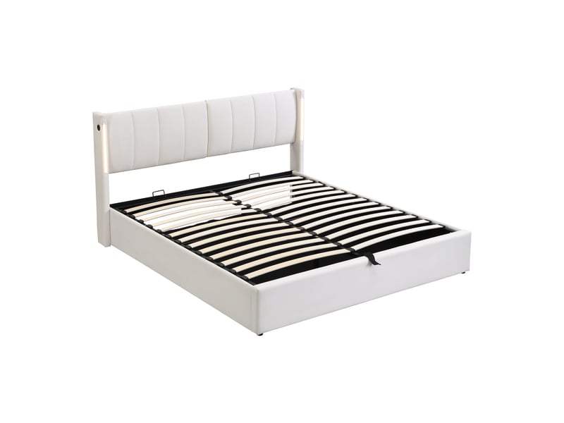  Lit binaural led 140x190 cm avec tête réglable, rangements et recharge usb, galet pu blanc, sans matelas  - Conforama A