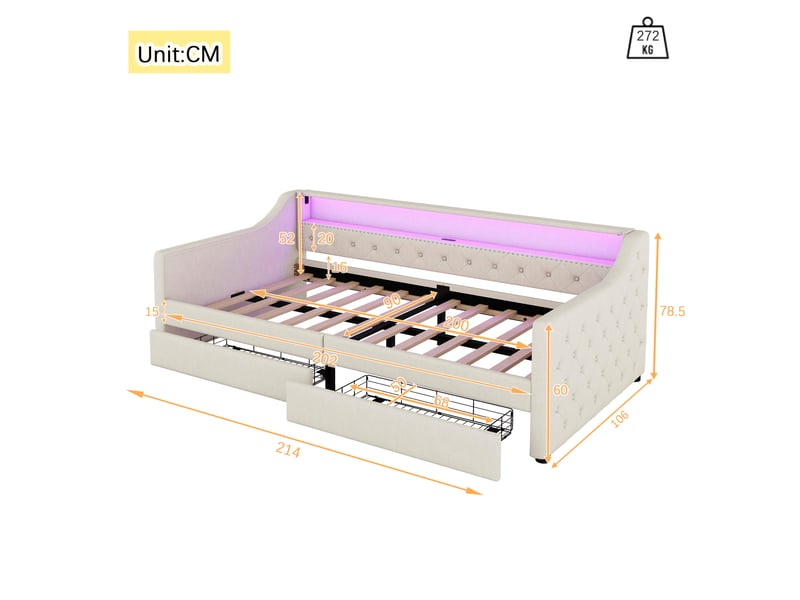  Lit de jour 90x200 canapé lit en lin beige avec éclairage led, 2 tiroirs et port usb  - Conforama C