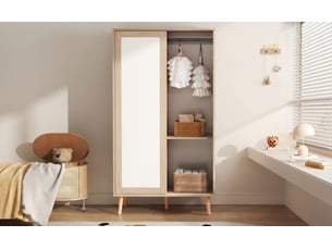 Armoire de chambre enfant, 2 portes coulissantes, penderie et étagères, 80 × 46 × 141,5 cm, blanc et effet bois naturel