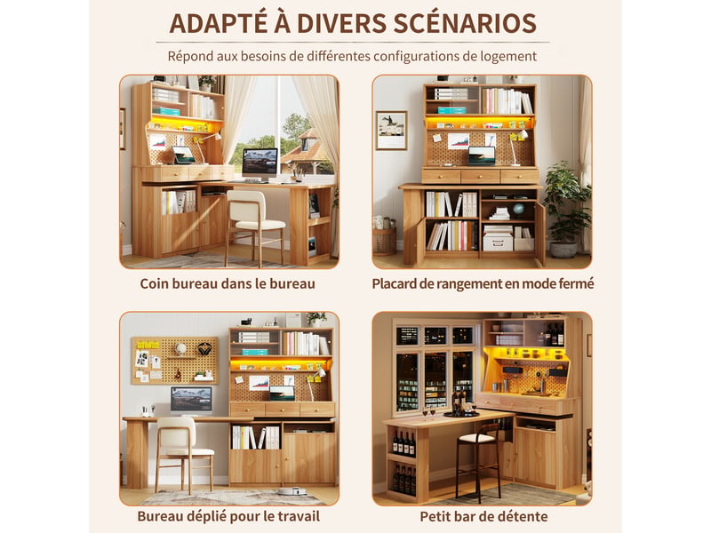  Armoire de cuisine avec bureau et table de bar meuble multifonctionnel led contrôle app portes en verre étagères réglables pegboard bois naturel  - Conforama W