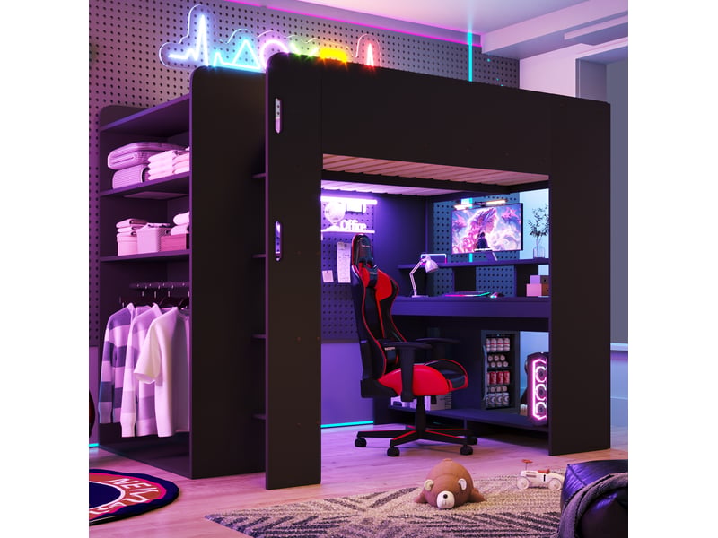  Lit mezzanine gaming 140x200 cm noir en bois, avec bureau, armoire ouverte, led, usb et rangements, sans matelas  - Conforama B