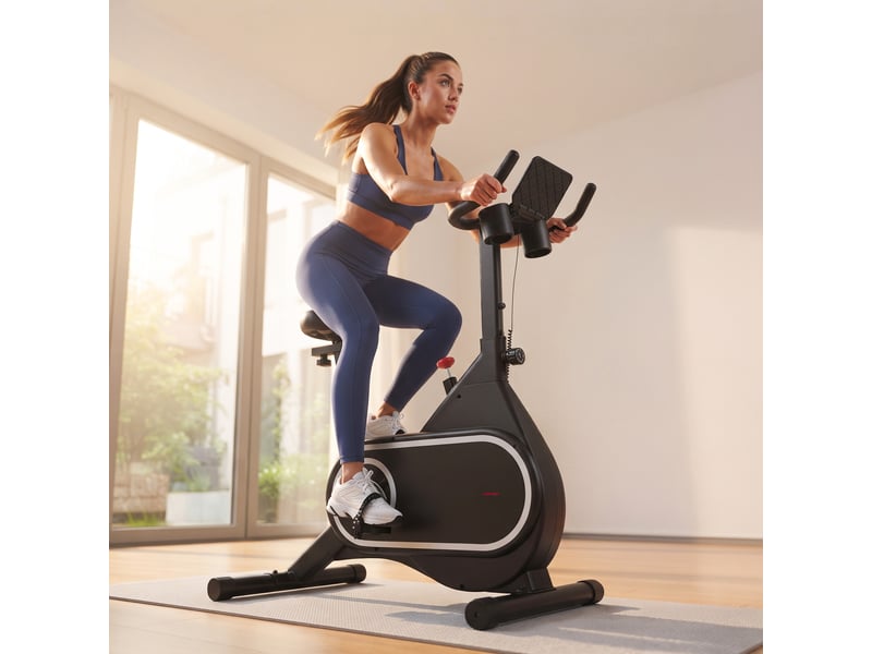  Vélo d'appartement avec selle et guidon réglables, écran lcd, volant d'inertie de 4 kg et porte-bouteille, noir  - Conforama C