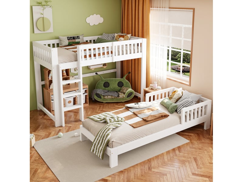  Lit superposé enfant 90 × 200 cm 2 places modulable avec barrières, sommier inclus, sans matelas, blanc  - Conforama C