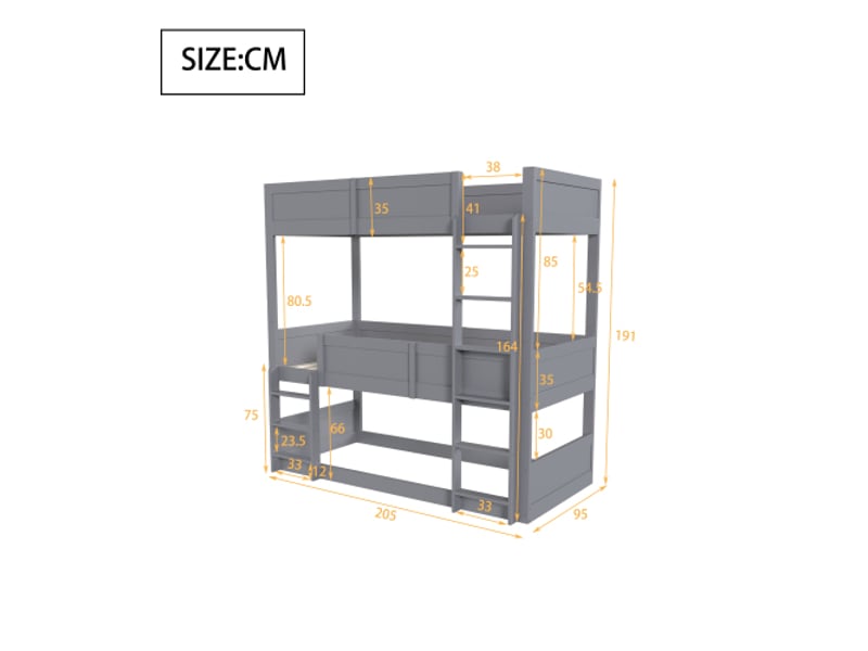  Lit mezzanine enfant 90x200 cm bois massif gris – lattes robustes, rambarde haute, sécurité maximale  - Conforama C