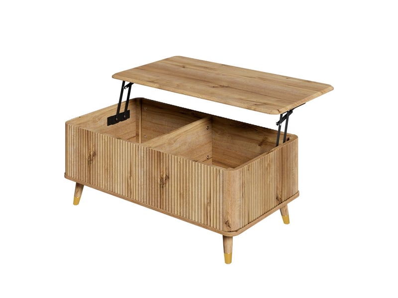  Table basse relevable rectangulaire – 97 x 52 x 42 cm – plateau relevable &amp; double coffre caché – bois - chêne  - Conforama A