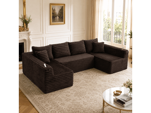 Canapé d'angle panoramique fixe <strong>MERAX</strong> <strong>canapé compressible</strong> 6 places Tissu marron