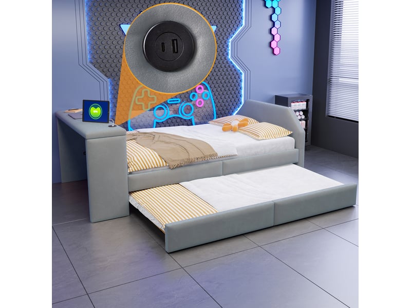  Lit gigogne enfant modenvie 90 x 200 cm avec bureau intégré et port usb en velours gris  - Conforama D