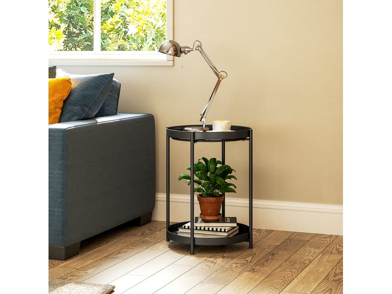  Table basse fixe ronde avec 2 niveaux de rangement et pieds réglables, en acier, noir, 44 × 44 × 56 cm  - Conforama B