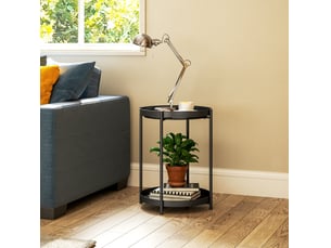Table basse fixe ronde avec 2 niveaux de rangement et pieds réglables, en acier, noir, 44 × 44 × 56 cm