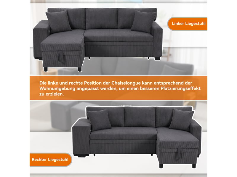  Canapé d'angle convertible 3 places, usbtype-c, rangement caché, étagère latérale, 2 coussins, 231x131,5x84 cm, corduroy, gris Morn Vibe - Conforama E
