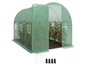 Serre tunnel de jardin 6m², serre de jardin tunnel 200x300x200cm porte et 6 fenêtres, bâche pe 140 gm² vert
