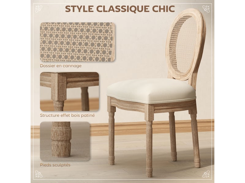  Lot de 2 chaises de salle à manger - chaise de salon médaillon style louis xvi - bois massif sculpté, patiné - aspect lin crème - dossier cannage  - Conforama A