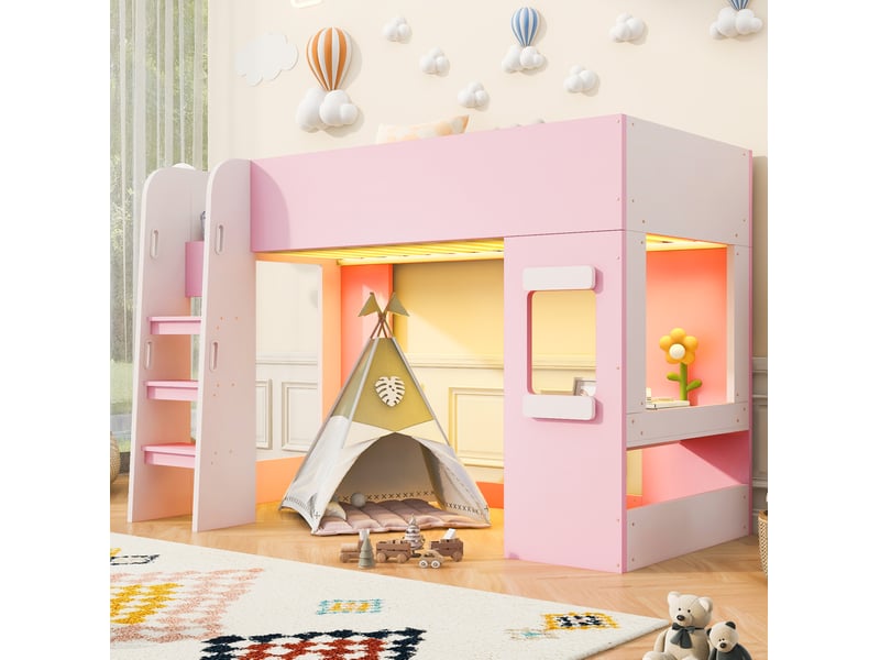  Lit mezzanine 90x200 cm avec bureau, led et échelle sécurisée coloris rose et blanc  - Conforama B