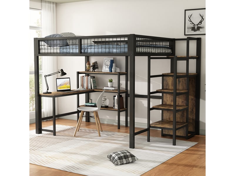  Lit mezzanine 140 × 200 cm 2 places avec bureau, étagères et armoire, sans matelas, en métal et mdf, noir et marron  - Conforama E