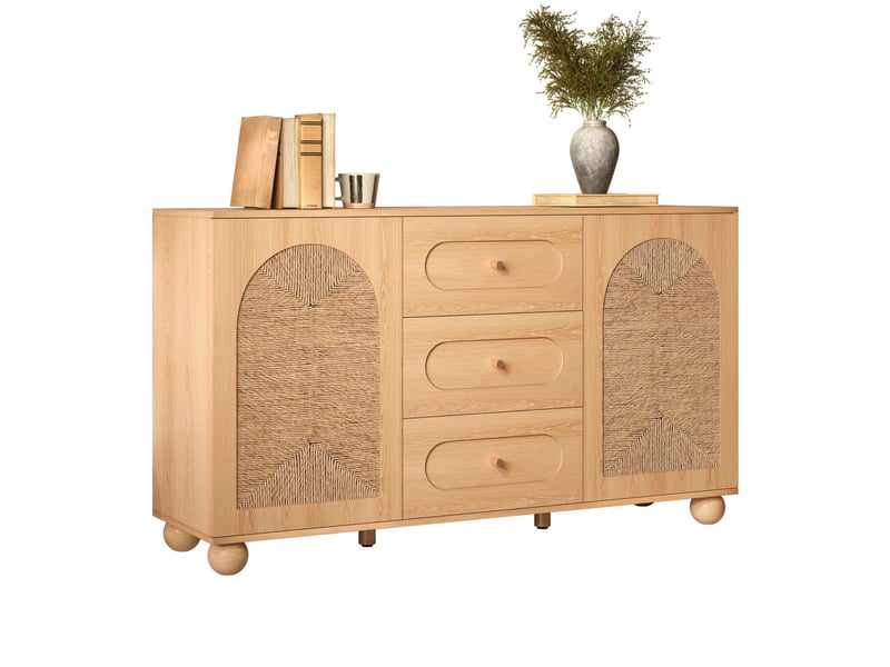  Buffet 2 portes tressées et 3 tiroirs avec étagères pour entrée, salon et salle à manger naturel 140 × 40 × 80 cm  - Conforama A