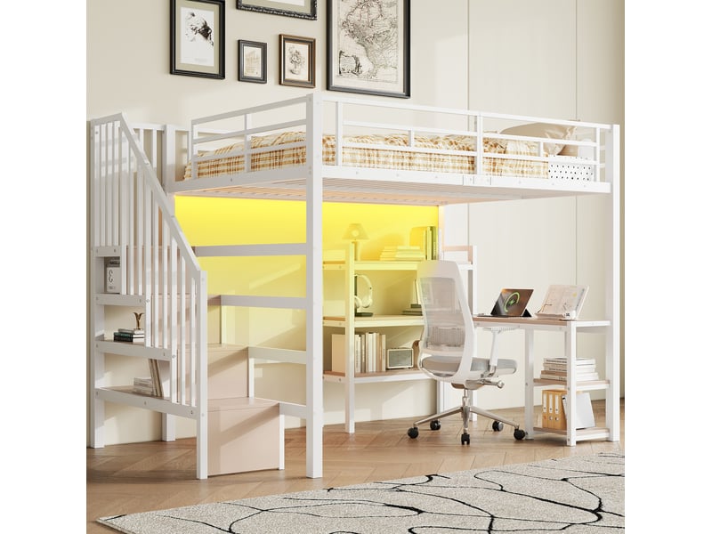  Lit mezzanine 140x200 cm, lit gain de place bureau intégré rangement led escalier, métal et mdf, blanc, sans matelas  - Conforama W