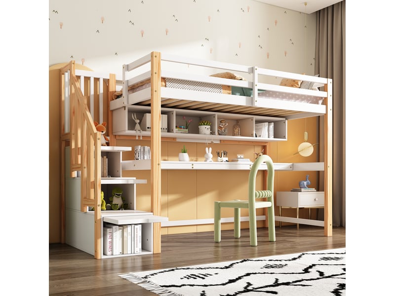  Modenvie lit mezzanine enfant 90x200 cm - avec bureau et rangement intégré - pour chambre d'enfant - blanc  - Conforama B