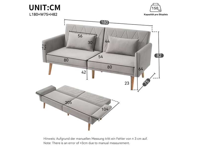  Canapé convertible 180x75x82 cm en velours gris avec dossier réglable  - Conforama D