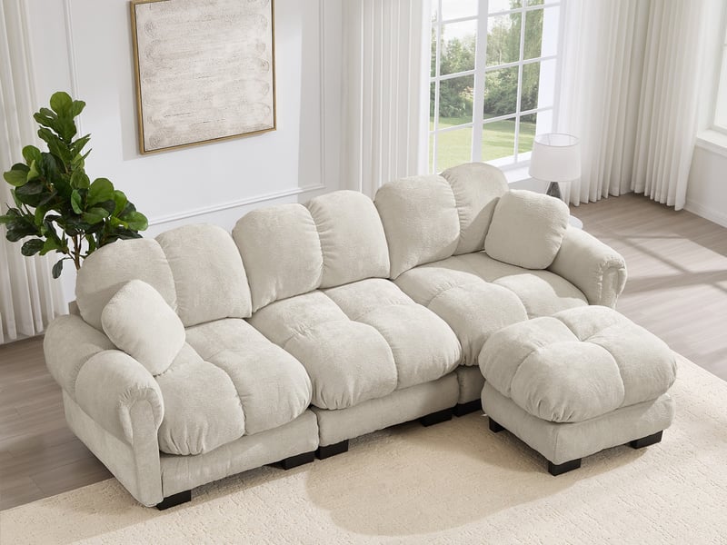  Canapé modulable d’angle 3 places avec ottomane et coussins décoratifs en tissu beige  - Conforama B