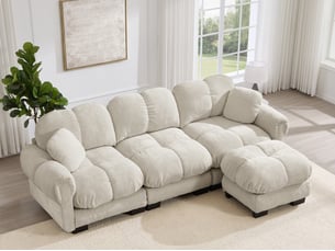 Canapé modulable d’angle 3 places avec ottomane et coussins décoratifs en tissu beige