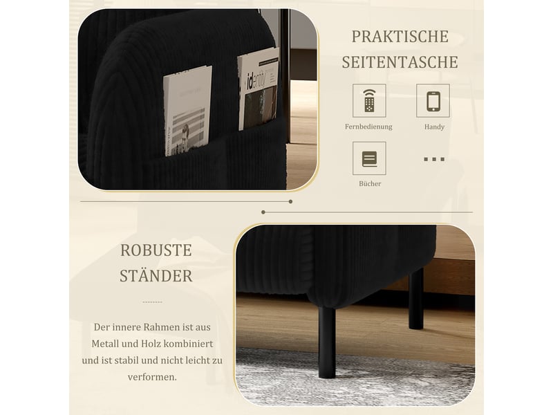  Canapé 2 places, canapé de salon — poches latérales, en velours côtelé, pieds métal  - Conforama W
