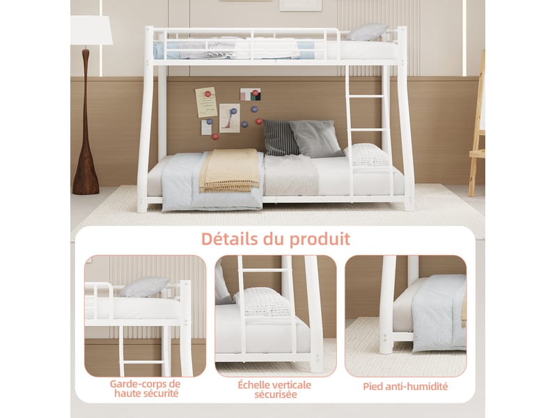  Lit superposé, 196x146,6x139 cm, couchage superposé, avec échelle, garde corps, sommier à lattes, métal, coloris blanc  - Conforama D