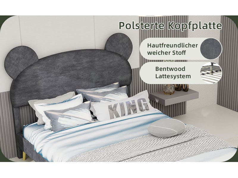 Lit jeune 140x200 cm gris avec tête de lit rembourrée motif cartoon et sommier bas sans rangement matelas non inclus - Conforama E