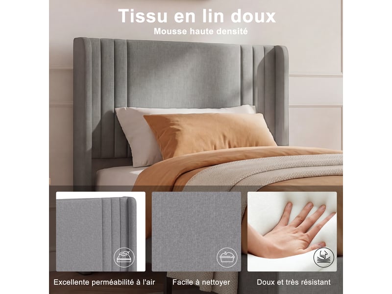  Lit simple rembourré 90x200 cm, lit 1 place avec tête capitonné, lit une personne avec sommier à lattes,tissu de lin, sans matelas  - Conforama D