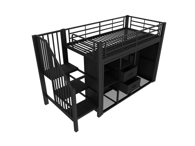  Lit superposé 90*200 cm avec led multicolore, 2 tiroirs, penderie ouverte, sans matelas, noir, structure métal robuste  - Conforama A