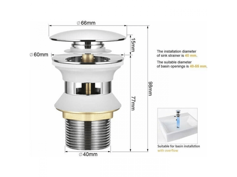  Universel bonde lavabo avec trop-plein pop-up automatique push open click clack pour salle de bain 1-14 en laiton chromé  - Conforama C