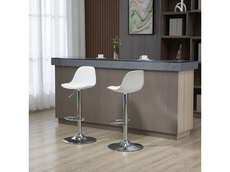  Lot 2 tabourets cuisine design pivotants, dossier, repose-pieds, réglables, similicuirpolypropylène, acier, 38x42x82-104 cm, blanc.  - Conforama C
