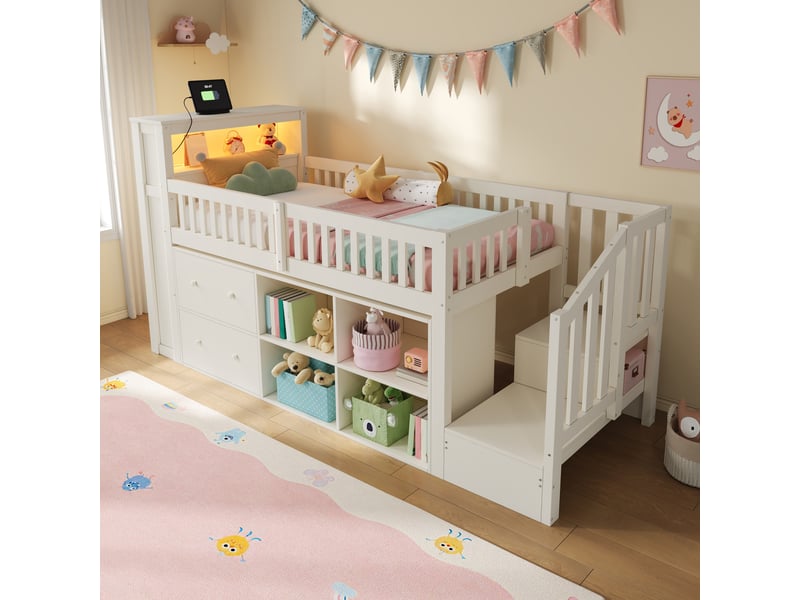  Lit mezzanine 90x200cm - lit enfant en bois avec escalier de rangement, led rgb, prises usb, 2 tiroirs &amp; étagères - blanc  - Conforama D