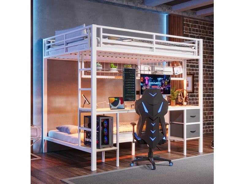  Lit superposé enfant 140x200 cm avec bureau, rangements et led blanc  - Conforama E