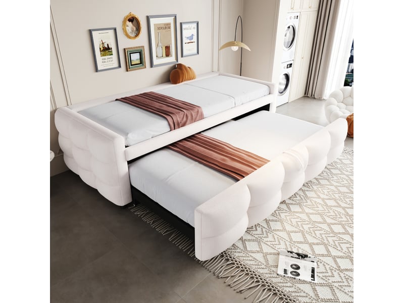  Lit gigogne 90-180x190 cm, lit enfant, lit 2 place, multi gain d'espace, pour chambre, tissu teddy, beige sans matelas  - Conforama B