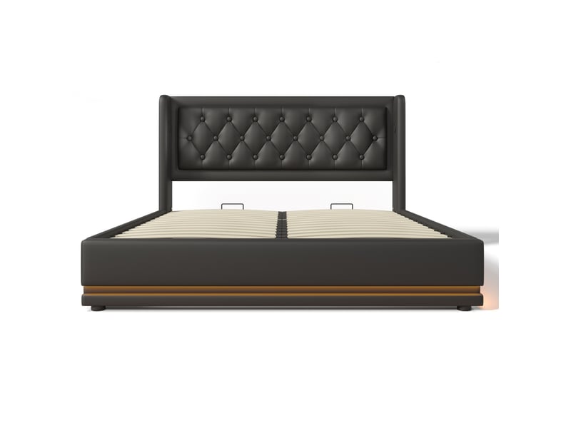 Lit coffre adulte 160x200 cm – noir – rangement hydraulique, led 3 côtés, ports usbusb-c et matelas inclus - Conforama D