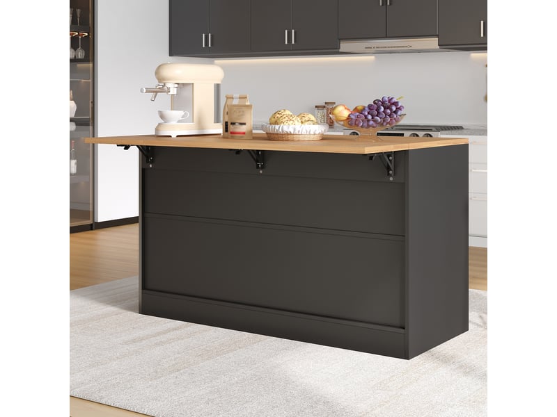  Îlot de cuisine avec 4 tiroirs 2 portes et plateau rabattable, mdf noir et décor bois, 140x50(80)x90 cm  - Conforama R