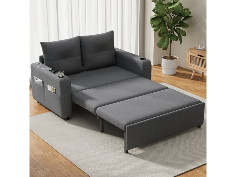 Canapé convertible 2 places 3 en 1 gris en tissu aspect lin, avec fonction lit, usb et espace de rangement, longueur dépliée 187 cm - Conforama R