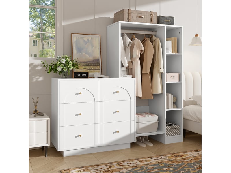  Armoire de rangement ouverte avec penderie, 6 tiroirs et étagères latérales pour chambre, blanche, 139 × 35 × 133 cm  - Conforama C